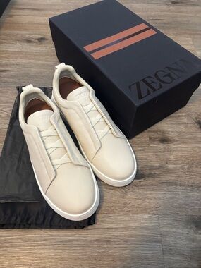 ZEGNA Triple Stitch Sneakers Cream Leather Men’s Size 10 Used Good